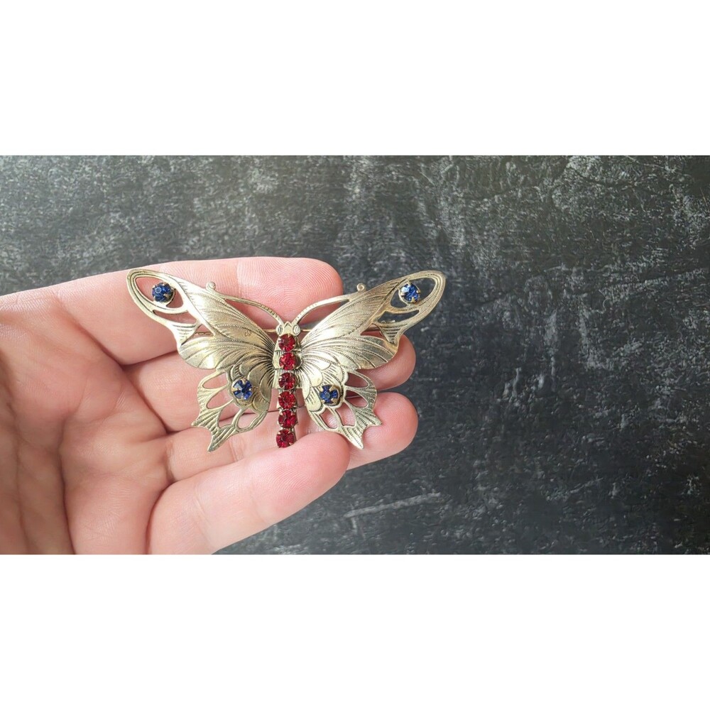 Rhinestone Silver Tone Metal Butterfly Brooch Vintage Costume Jewelry